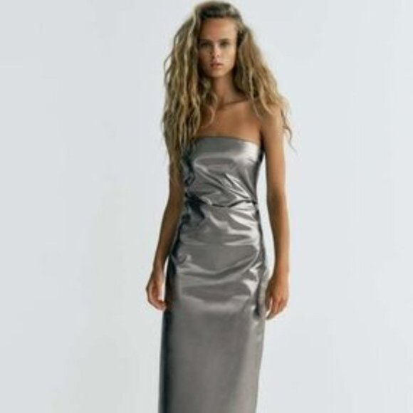 NEW Zara Women's METALLIC STRAPLESS LONG DRESS Silver - Picture 8 of 14